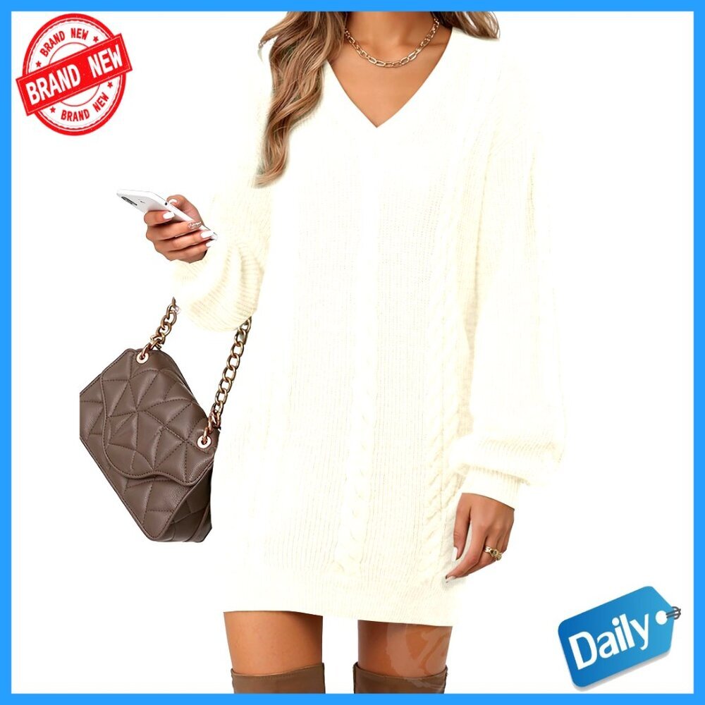 V-Neck Lantern Sleeve Knit Sweater Dress Casual Elegant Fall Mini Dress